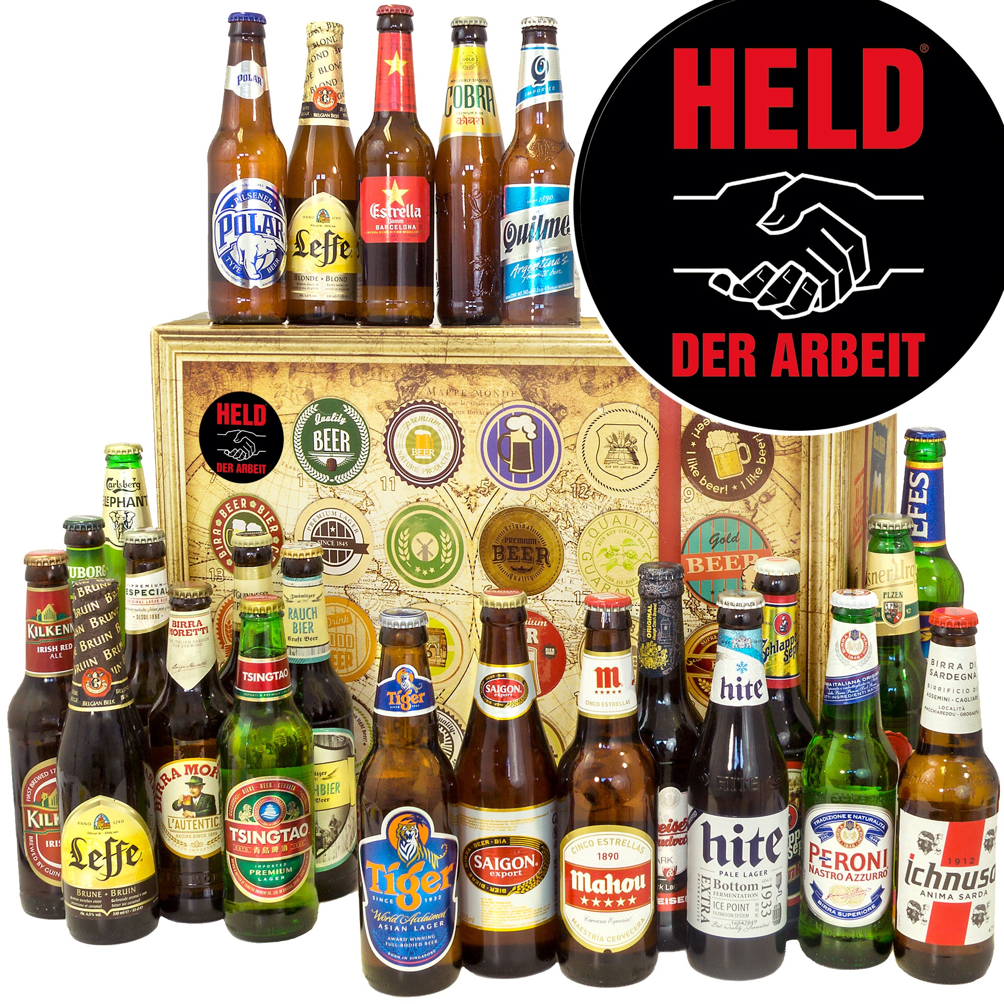 Held der Arbeit | 24 Länder Biere der Welt Exoten | Bierpaket - monatsgeschenke.de