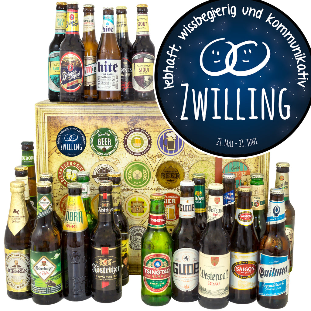 Sternzeichen Zwilling | 24 Flaschen Bier aus Welt und Deutschland | Geschenkbox