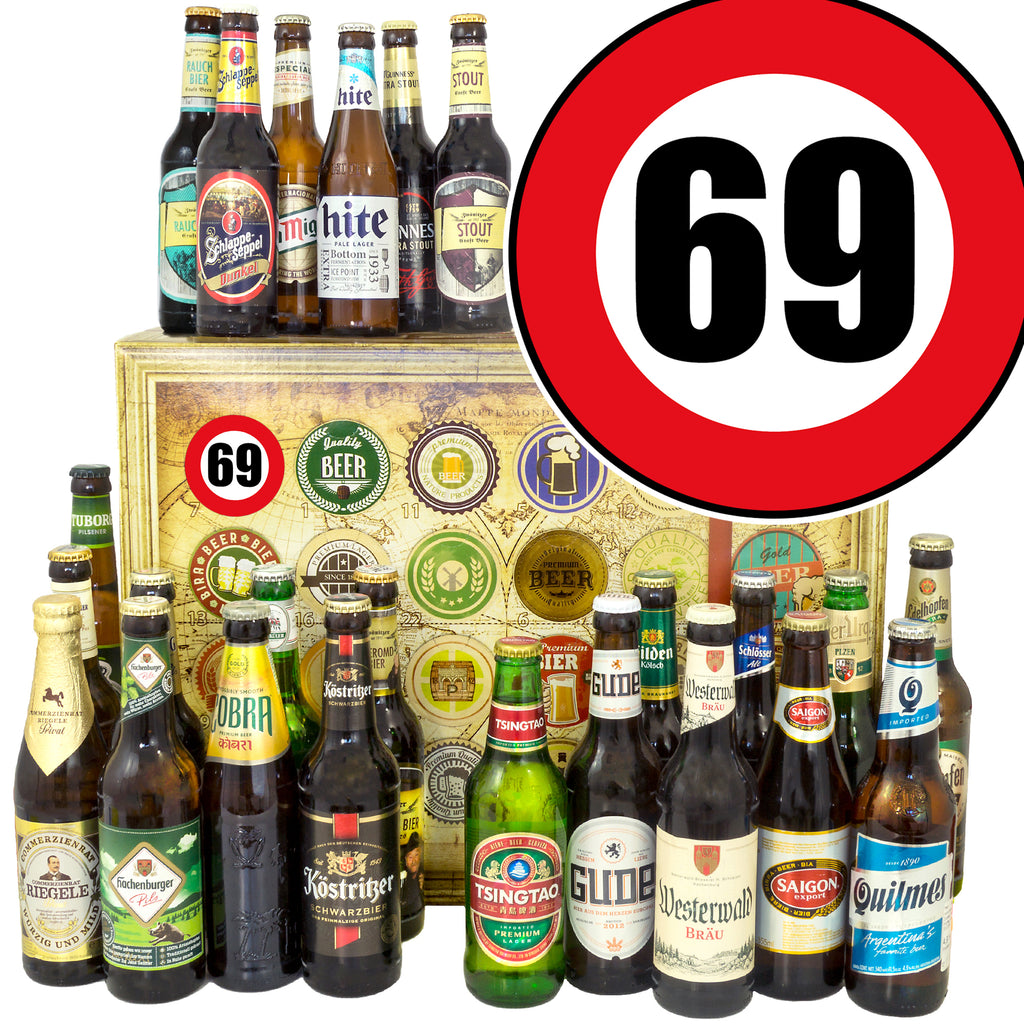 Zahl 69 | 24 Flaschen Bier aus Welt und Deutschland | Präsent