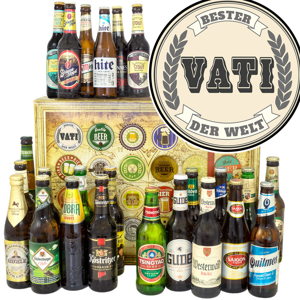 Bester Vati der Welt | 24 Biersorten Bier aus Welt und Deutschland | Geschenk Box