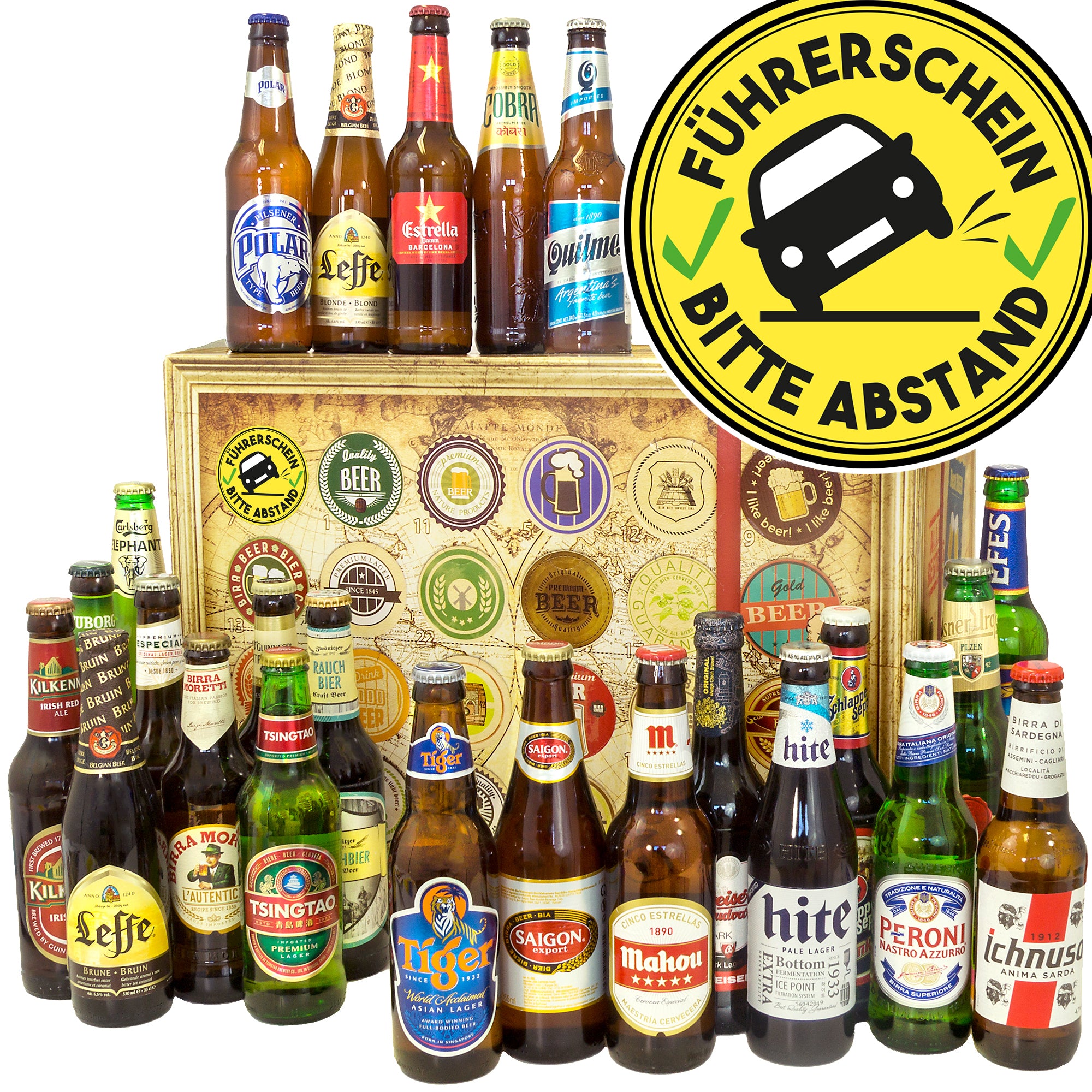 Führerschein bestanden – Bitte Abstand | 24 Spezialitäten Biere Welt und Deutschland | Geschenkbox