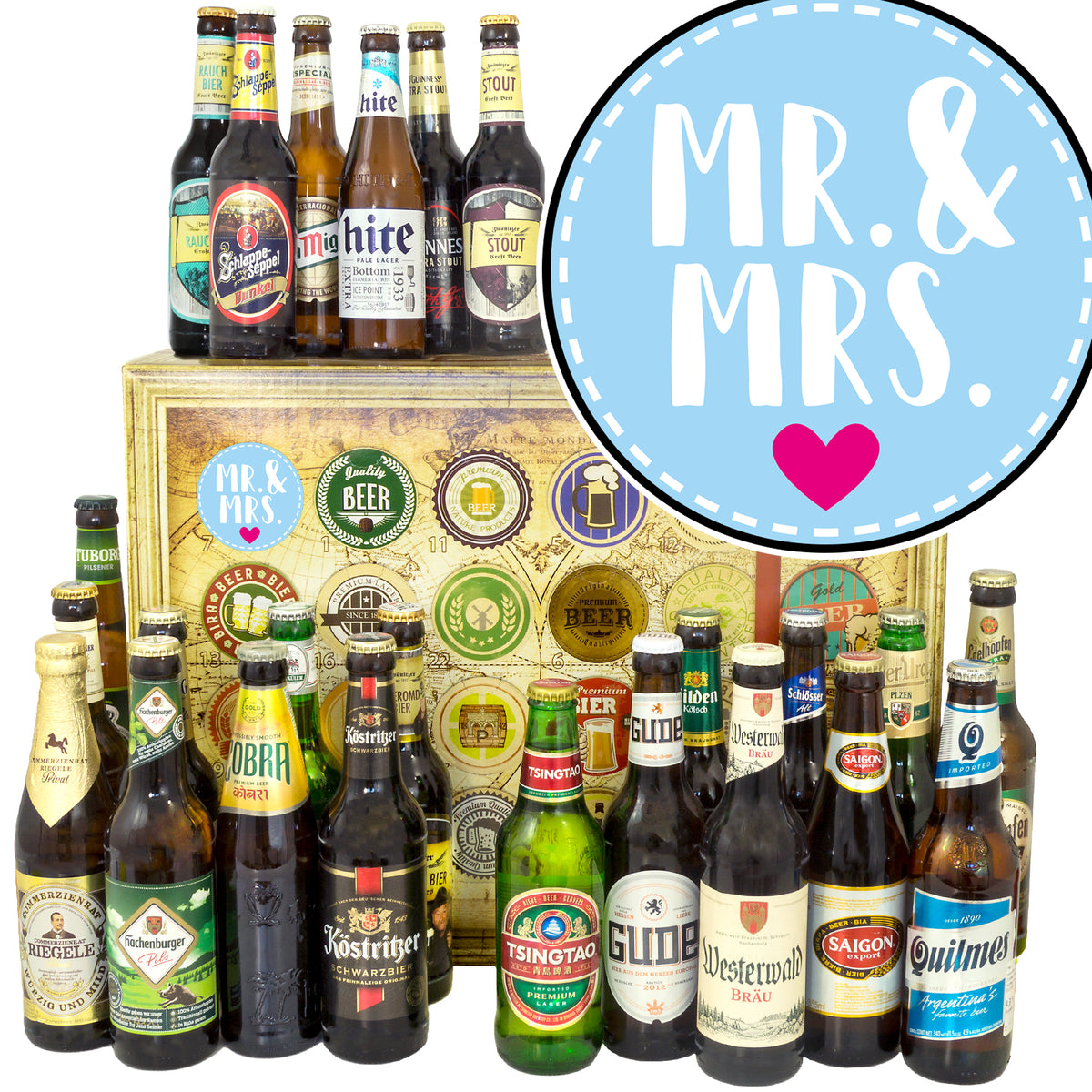 Mr.& Mrs. | 24 Flaschen Bier aus Welt und Deutschland | Geschenkkorb