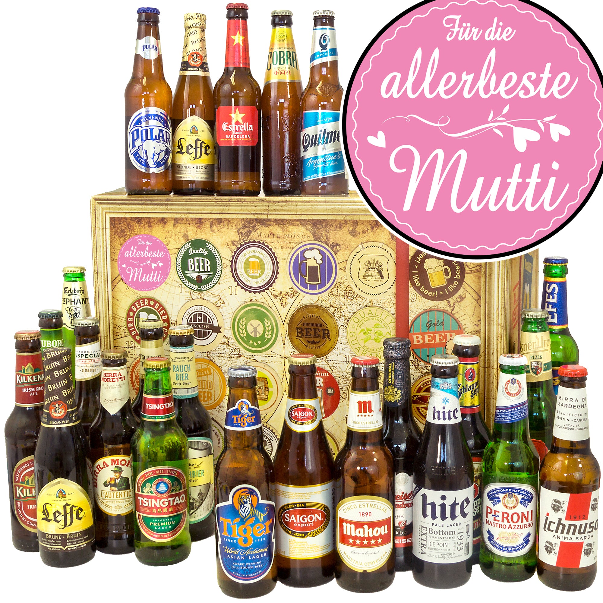 Für die allerbeste Mutti | 24 Flaschen Bier International | Geschenk Set - monatsgeschenke.de