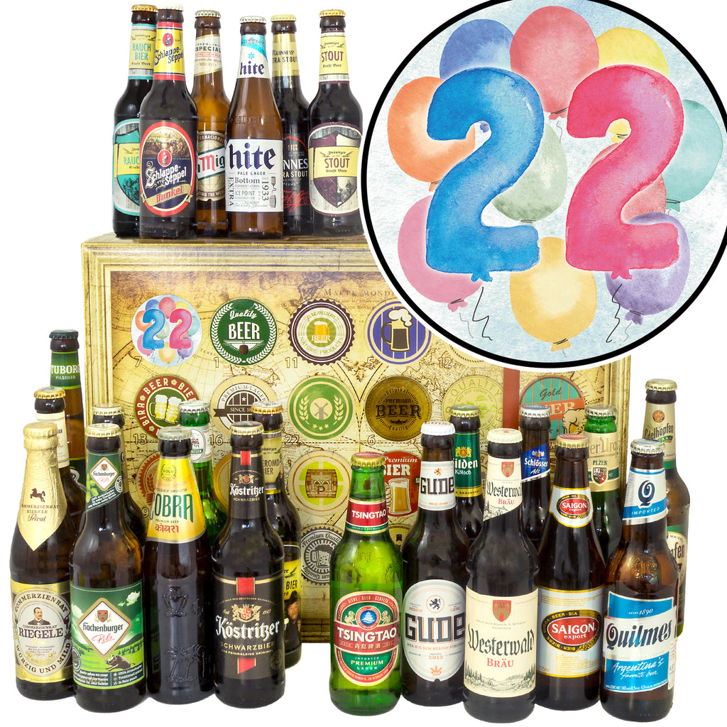 Geburtstag 22 | 24 Biersorten Biere Welt und Deutschland | Geschenk Box