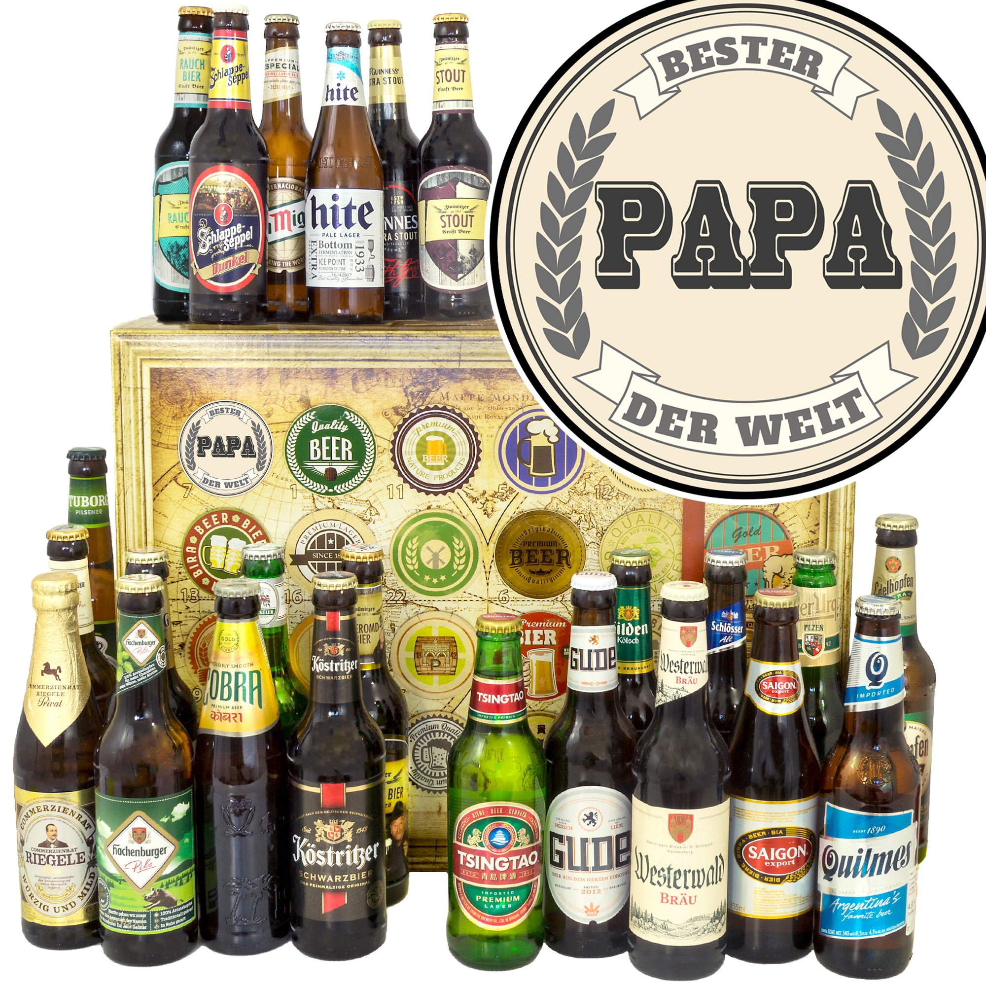 Bester Papa der Welt | 24x Bier Bier International und Deutschland | Geschenkkorb - monatsgeschenke.de