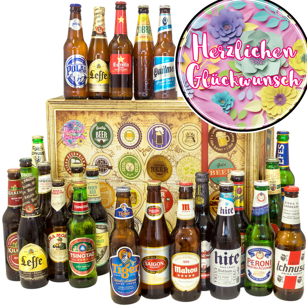 Herzlichen Glückwunsch Blumen | 24 Flaschen Bierweltreise | Geschenkpaket