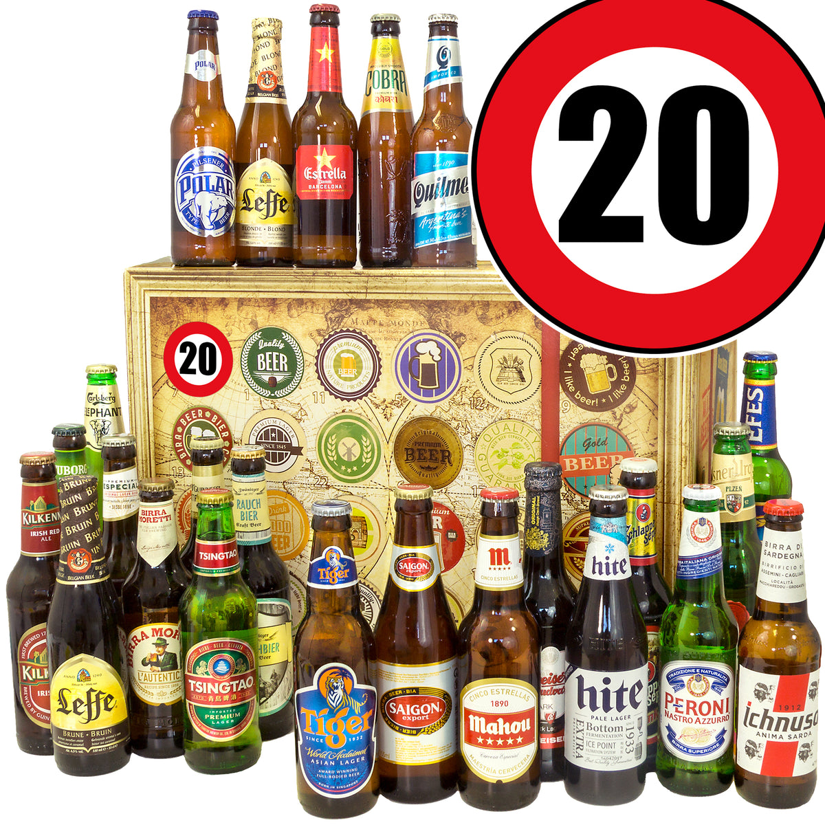 Zahl 20 | 24 Flaschen Biere der Welt | Geschenkbox