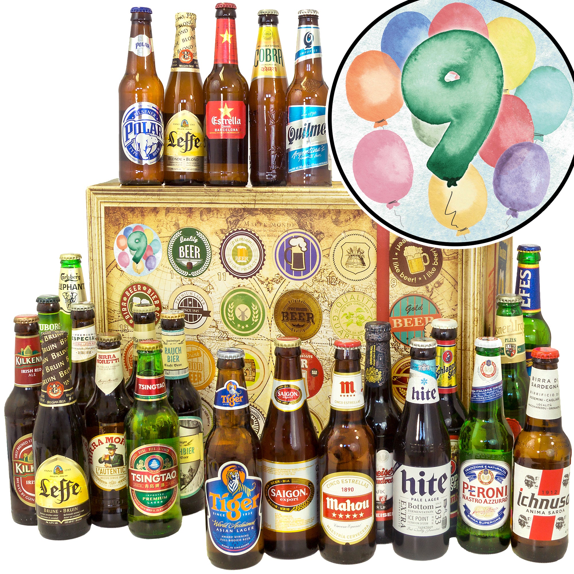 Jubiläum 9 | 24 Biersorten Bier Weltreise | Geschenk Box - monatsgeschenke.de