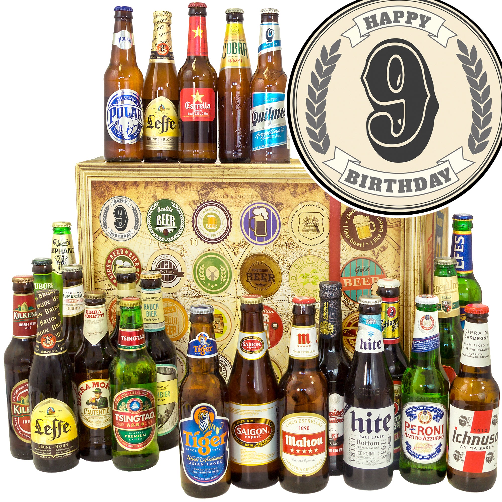 Geburtstag 9 | 24 Flaschen Bierweltreise | Geschenkkorb - monatsgeschenke.de