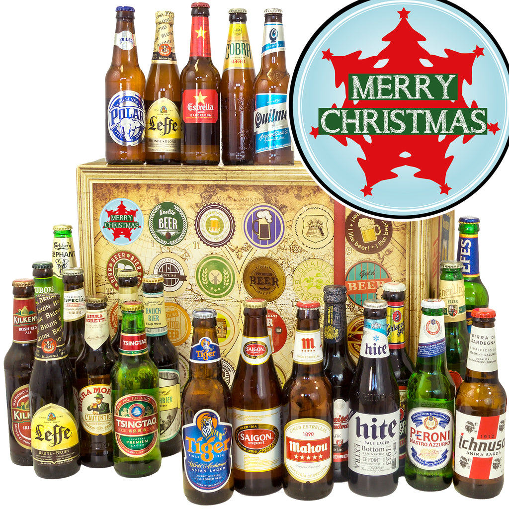 Frohe Weihnachten Baum | 24 Flaschen Bier International | Geschenk Box