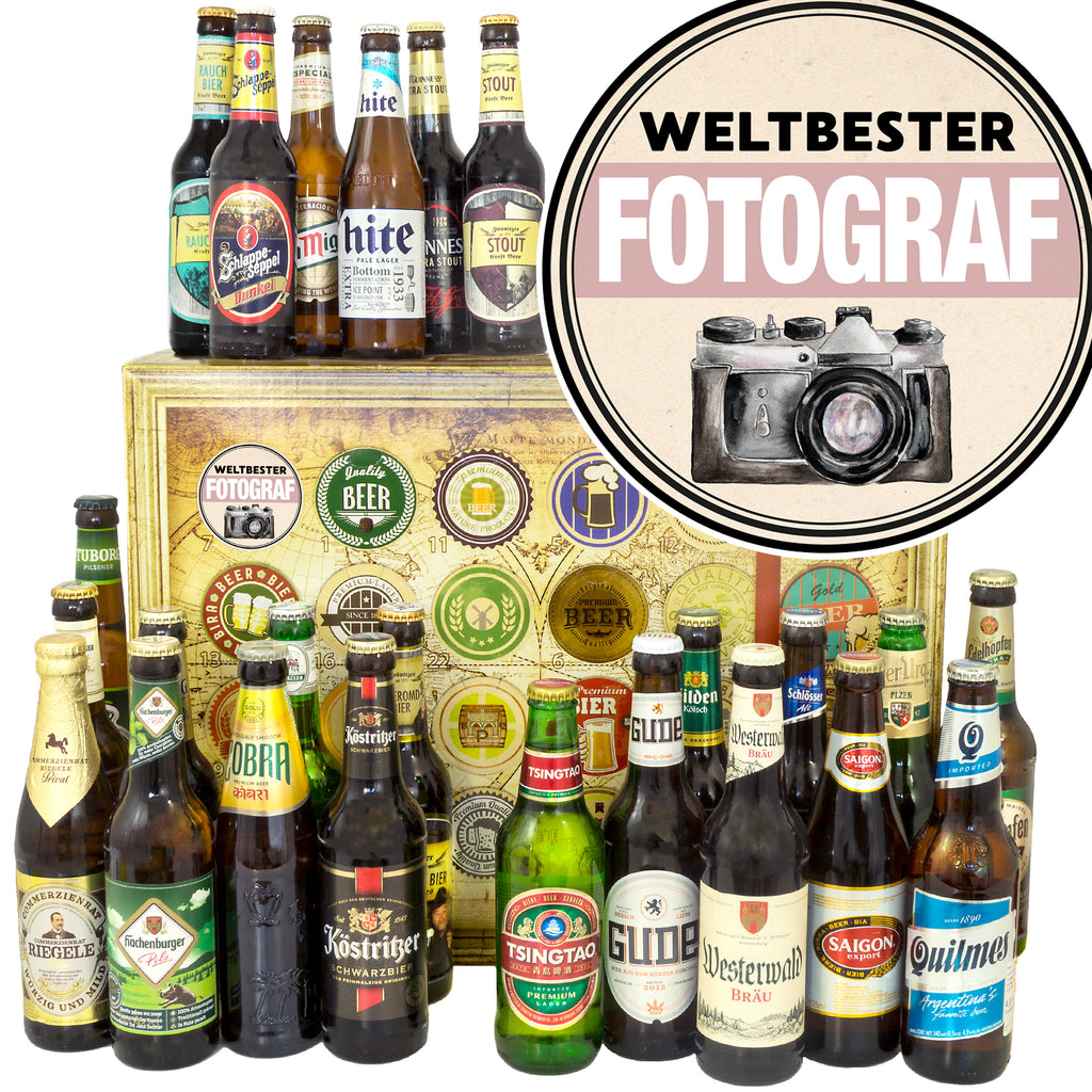 Weltbester Fotograf | 24 Spezialitäten Bier aus Welt und Deutschland | Geschenkkorb