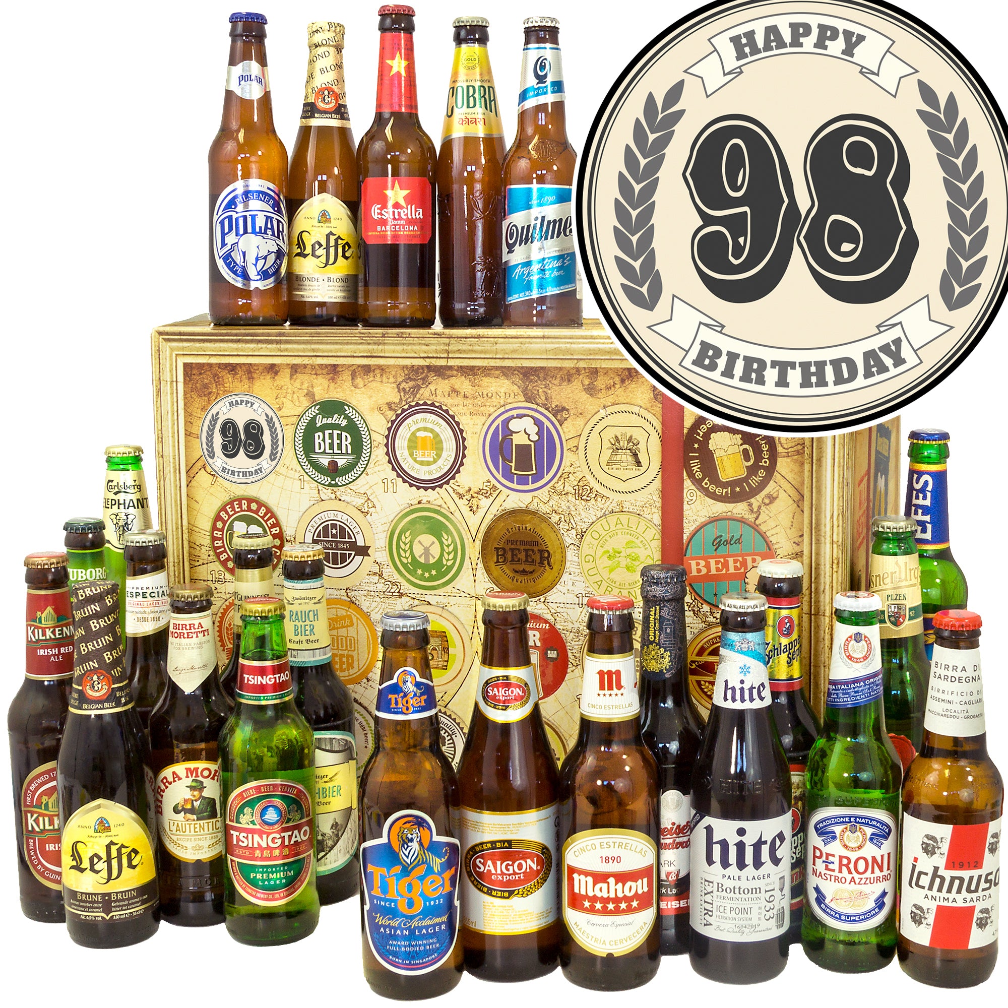 Geburtstag 98 | 24 Flaschen Bier aus aller Welt | Geschenkkorb - monatsgeschenke.de