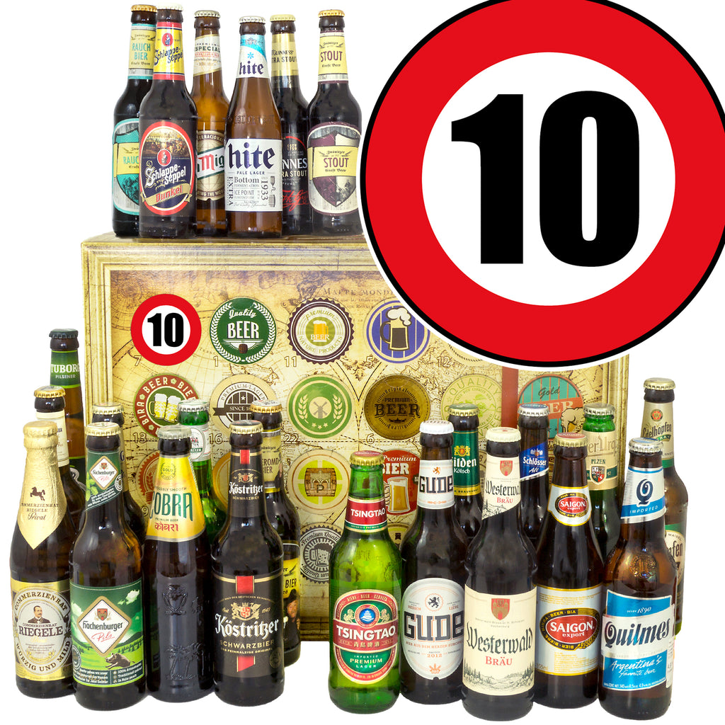 Zahl 10 | 24 Flaschen Bier Deutschland und Welt | Geschenk Box