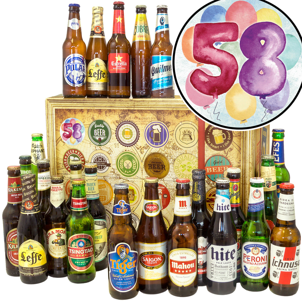Geburtstag 58 | 24 Flaschen Bier International | Geschenkbox