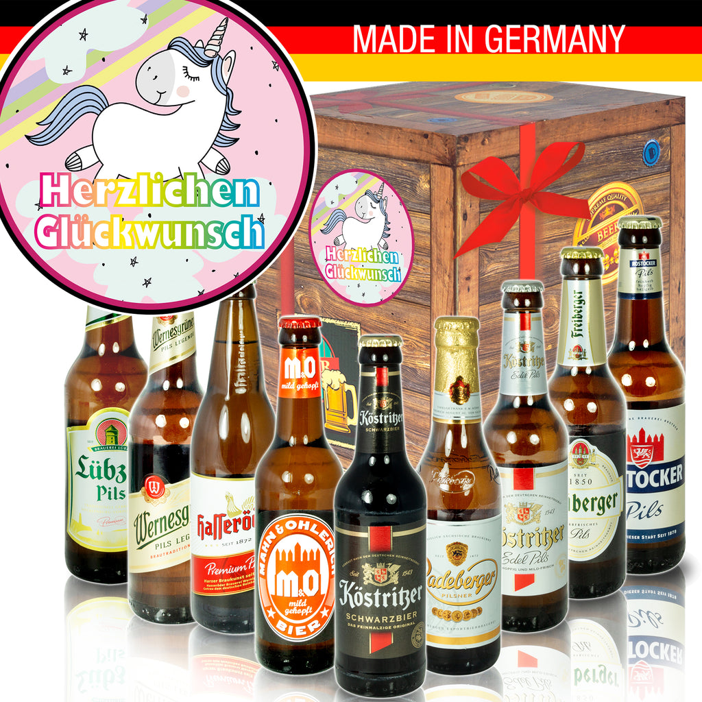 Herzlichen Glückwunsch Einhorn | 9 Flaschen Ostdeutsche Biere | Box