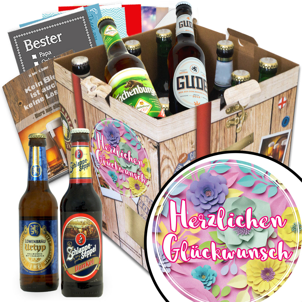 Herzlichen Glückwunsch Blumen | 9x Biere aus Deutschland | Geschenkbox