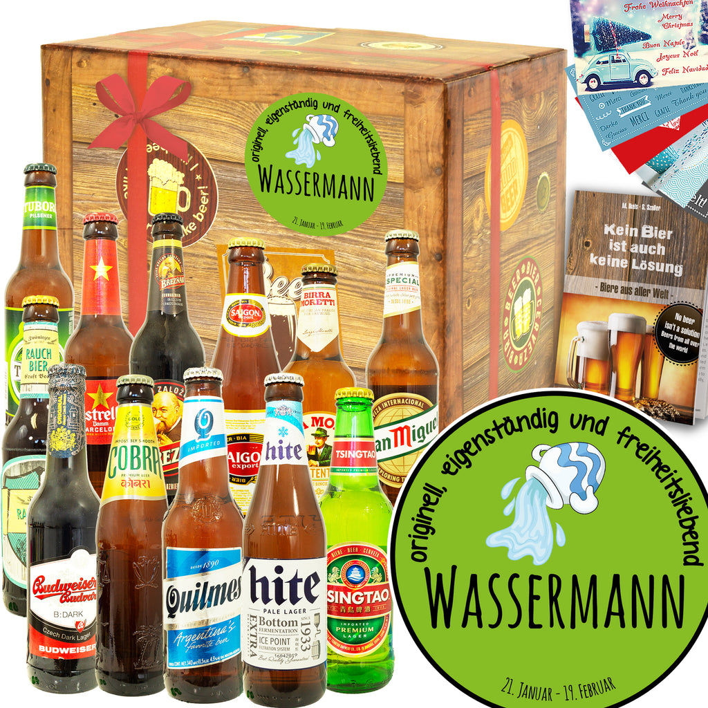 Sternzeichen Wassermann | 12 Flaschen Bier Weltreise | Geschenkbox