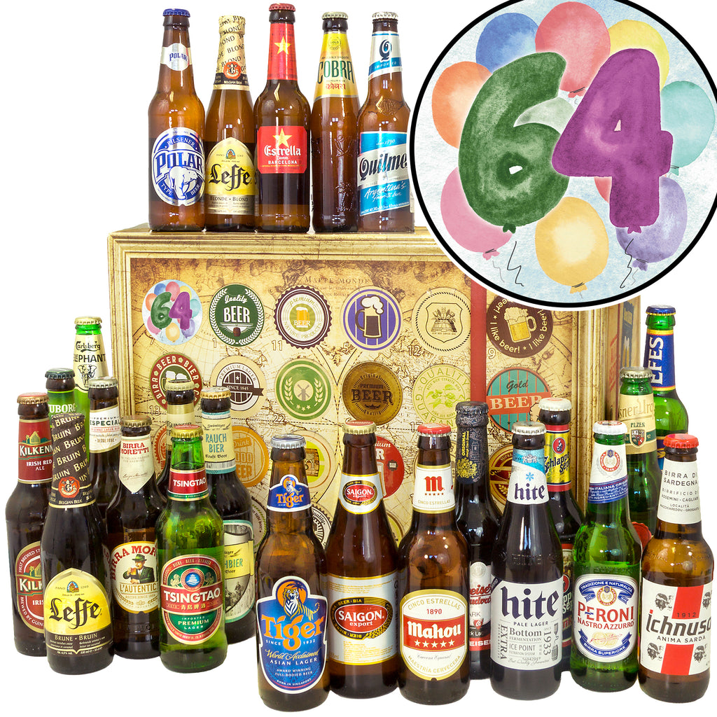 Geburtstag 64 | 24 Flaschen Biere der Welt Exoten | Geschenk Box