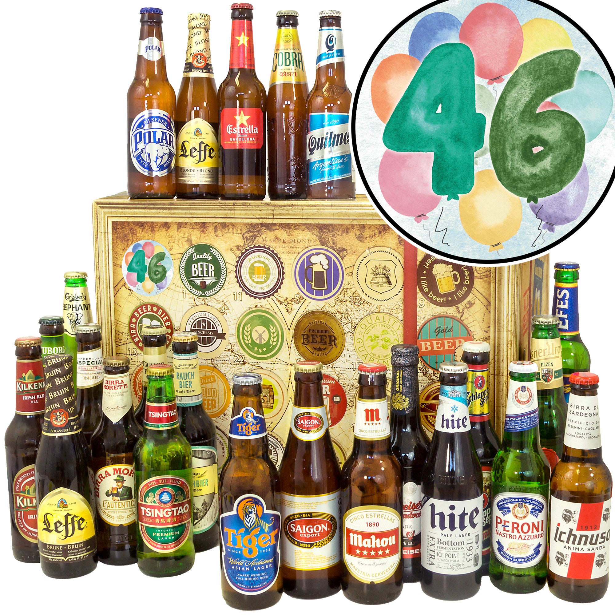 Geburtstag 46 | 24 Biersorten Bier Weltreise | Bierpaket - monatsgeschenke.de