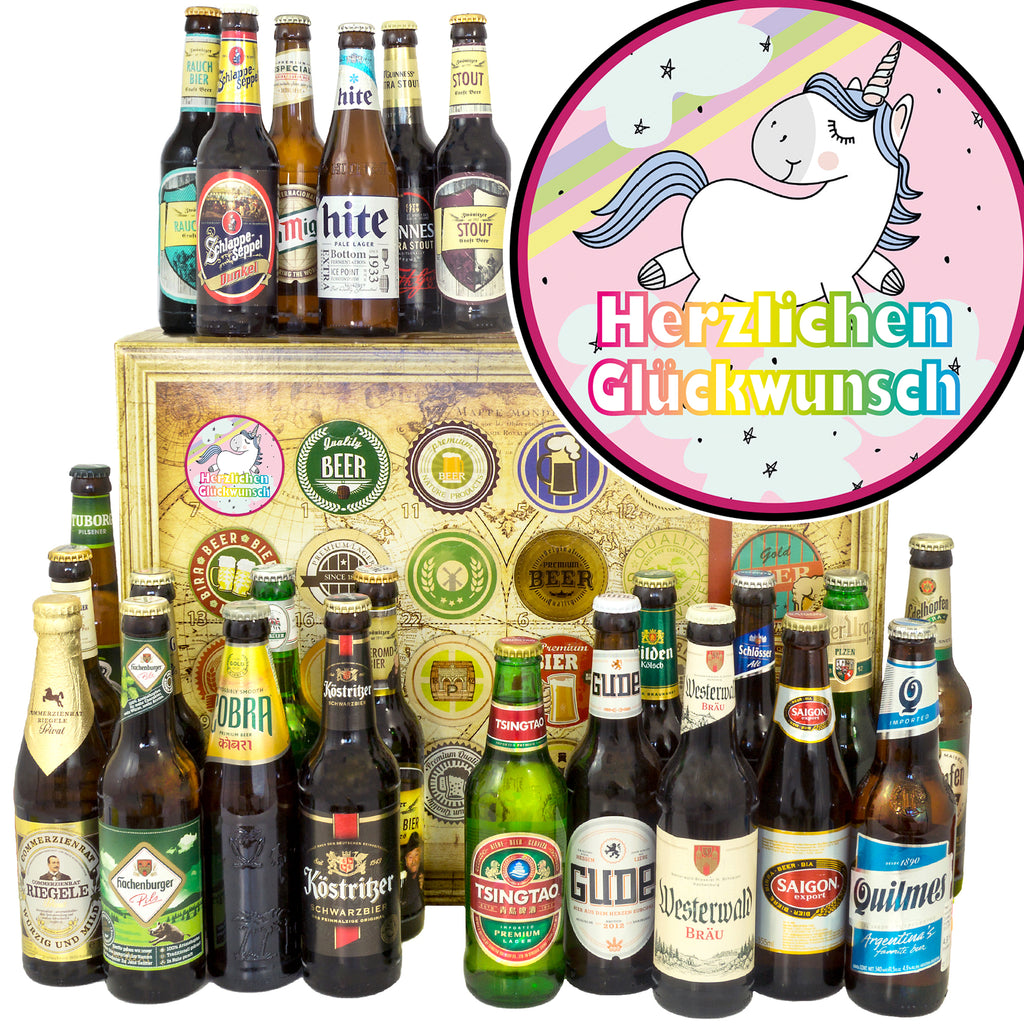 Herzlichen Glückwunsch Einhorn | 24x Bier International und Deutschland | Geschenkset