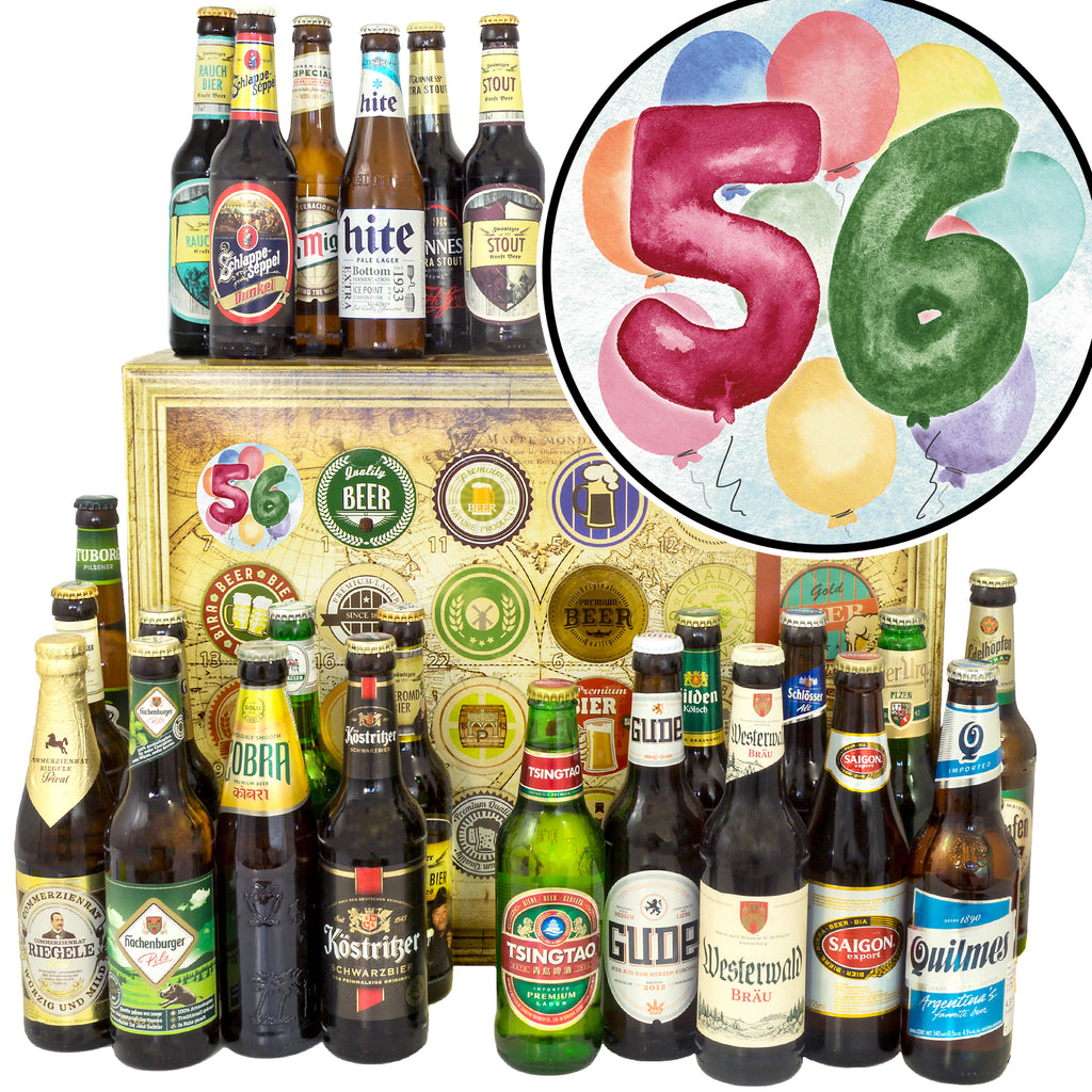 Geburtstag 56 | 24 Flaschen Biere Welt und Deutschland | Box