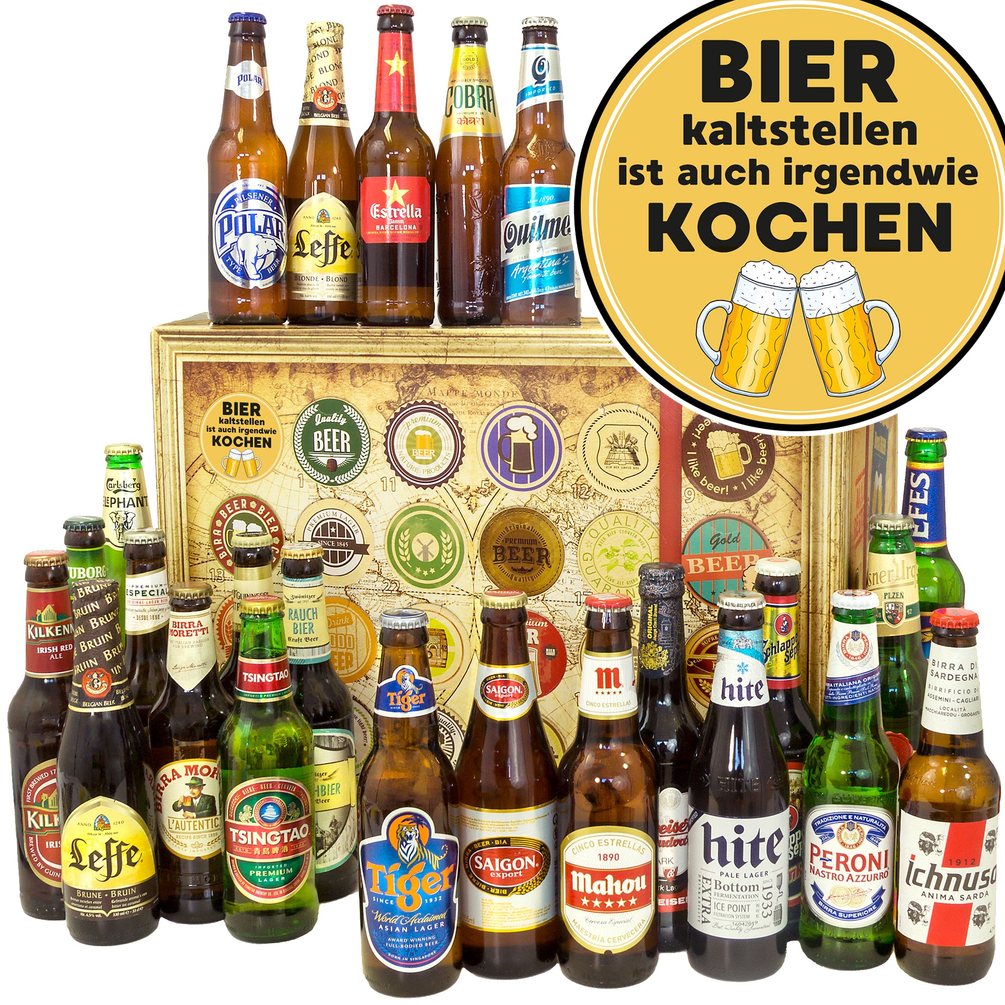 Bier kalt stellen | 24x Biere der Welt Exoten | Geschenkkorb - monatsgeschenke.de