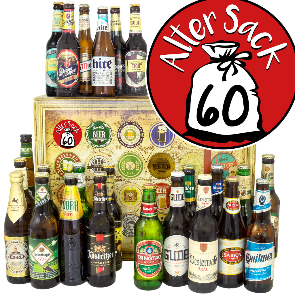 Alter Sack 60 | 24 Flaschen Bier aus Welt und Deutschland | Geschenkset