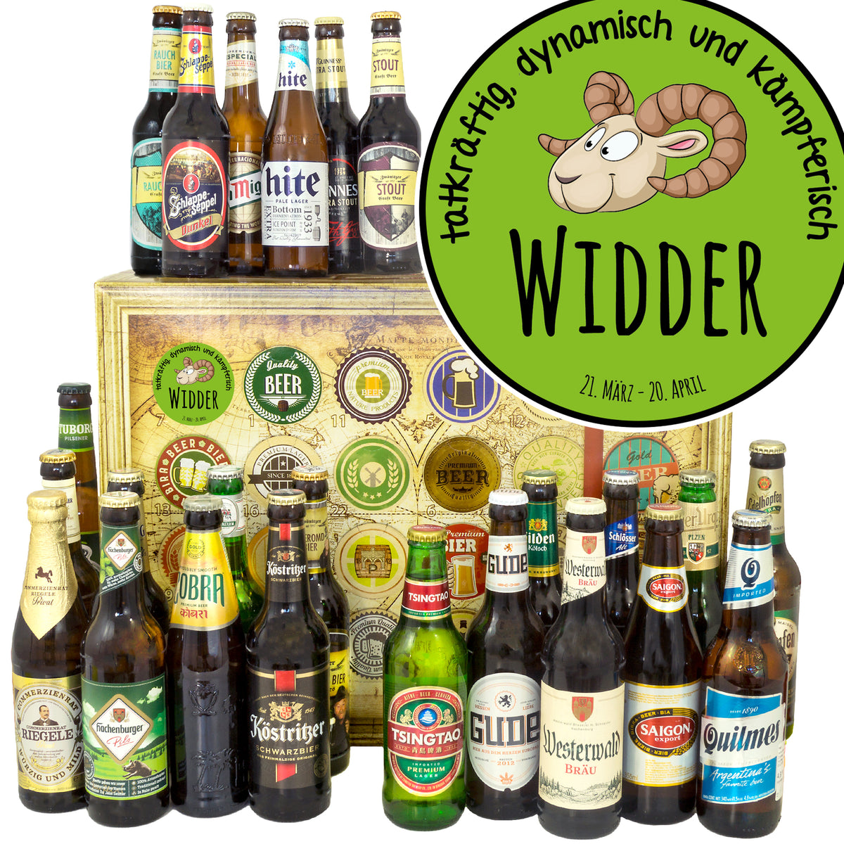 Sternzeichen Widder | 24 Flaschen Bier International und Deutschland | Geschenkkorb