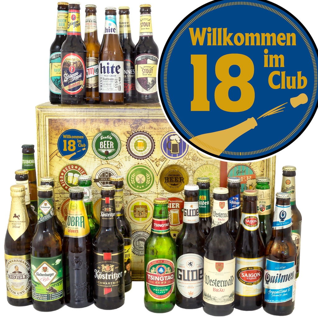 Wilkommen im Club 18 | 24 Biersorten Bier aus Welt und Deutschland | Geschenkbox